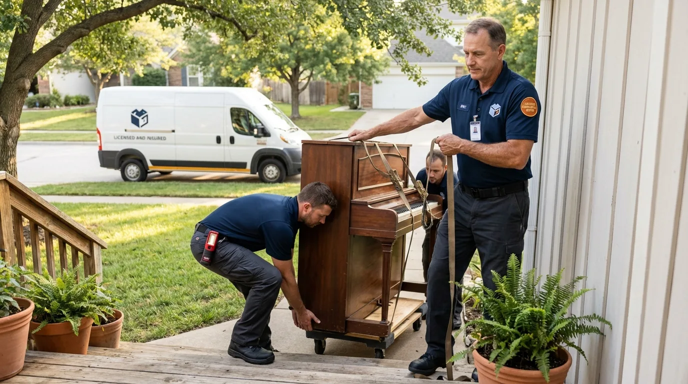 Licensed piano movers securing grand piano in Waterford, MI