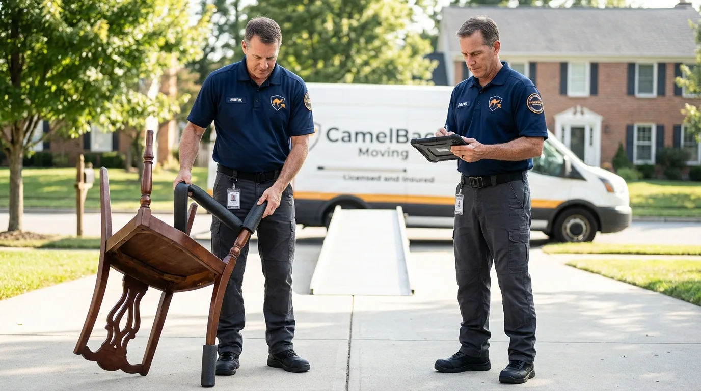 Movers inspecting furniture for damage prevention before loading in Waterford, MI