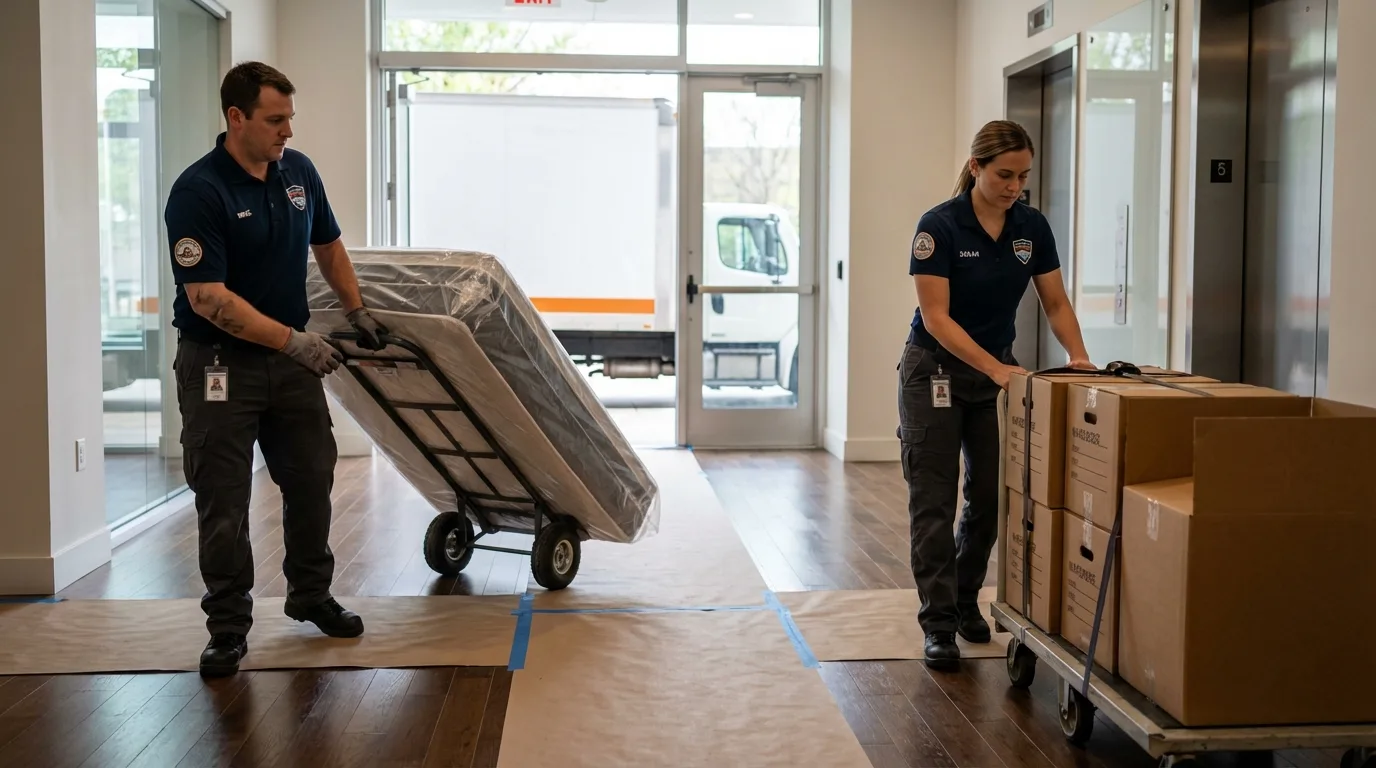 Professional apartment movers loading elevator in Waterford, MI
