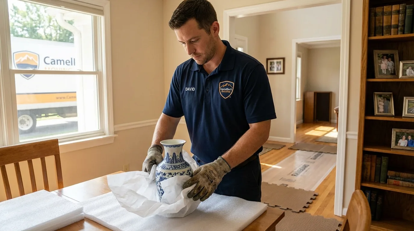 Professional crew carefully wrapping antique vase for senior downsizing move in Waterford, MI